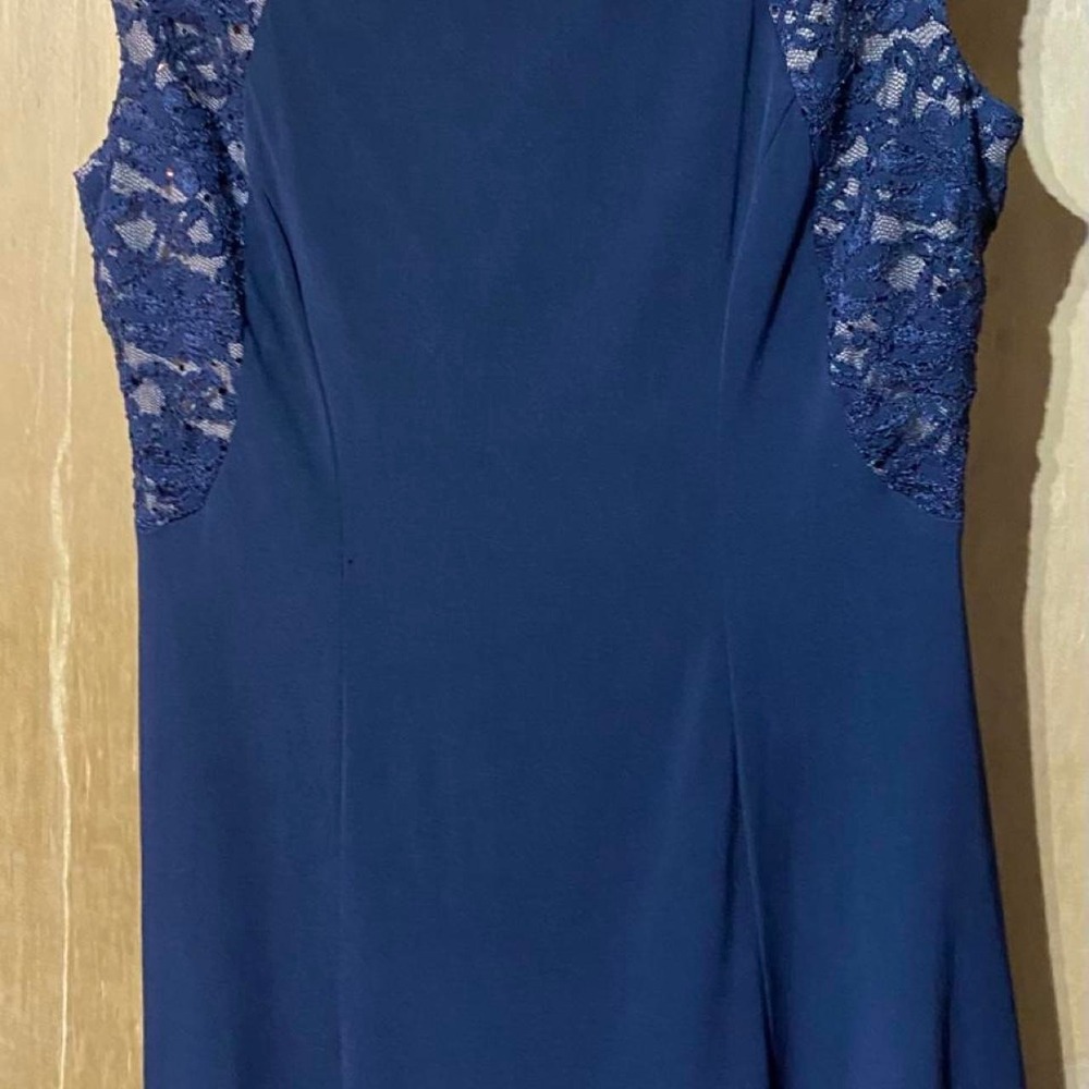 Navyy blue lace dress with cap sleeves and flowy skirt. Size 12  Est 1962